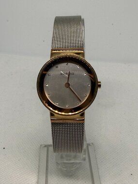 Bering Classic Two-Tone Mesh Rose Gold Bezel Ladies Quartz Watch Deep Scratch